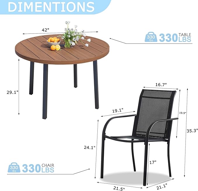5 Pieces Round Dining Table Set for 4, Patio Dining Set Includes 4 Black Stackable Patio Chairs and 1 Walnut Round Table, Patio Furniture Sets with Sling Support for Outside, Garden