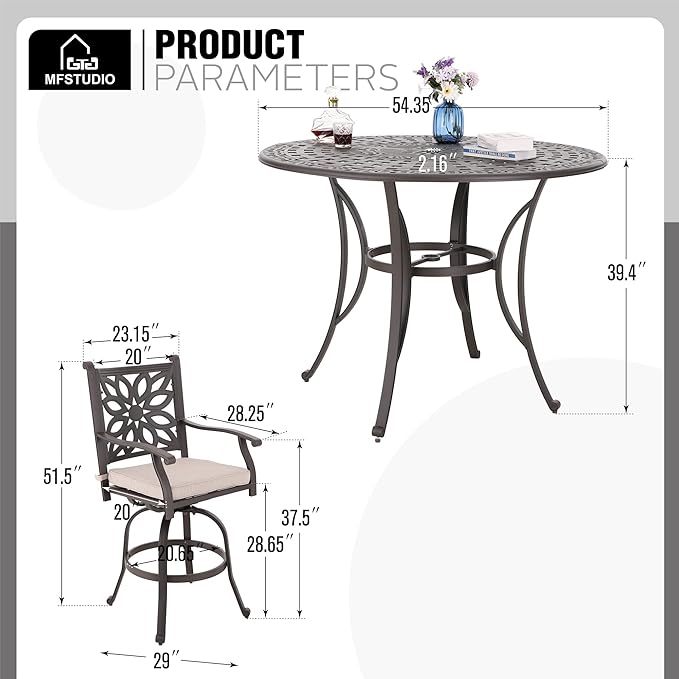 MFSTUDIO Cast Aluminum Bar Height Patio Dining Set of 7, Outdoor Table and Chairs Set with 1×54" Round Aluminum Patio Table and 6×Swivel Outdoor Bar Stool