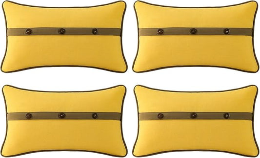 Outdoor Sunbrella Decorative Pillows with Triple Coconut Buttons Pack of 4, 20" x 12" Outdoor Pillow Set for Couch Bed Throw Patio Sofa, Spectrum Daffodil/Canvas Cocoa