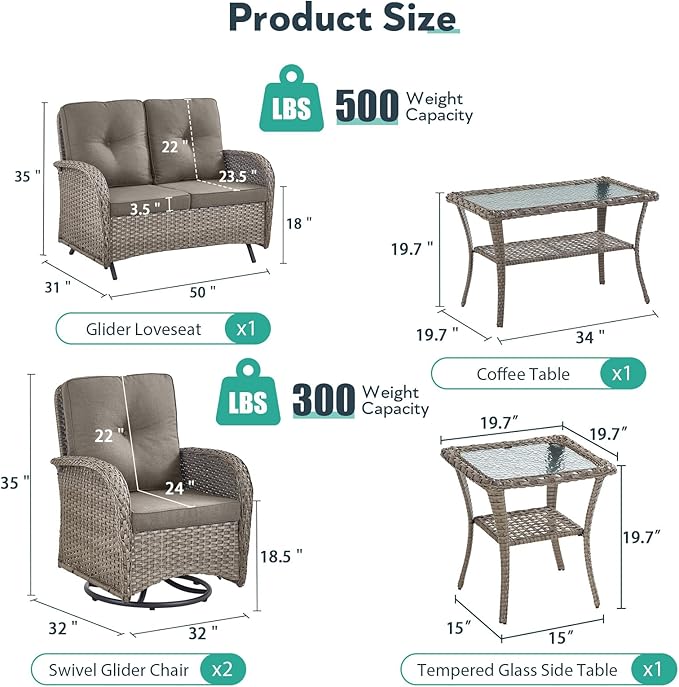 5 Piece Patio Furniture Set - Wicker Patio Conversation Set with Swivel Glider, Glider Loveseat, Tempered Glass Side Table and Coffee Table for Deck Backyard - Grey Wicker Grey Cushion