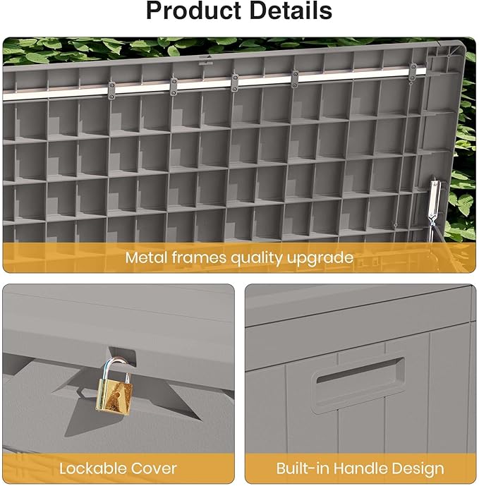 Patiolife 100 Gallon Resin Deck Box, Large Outdoor Storage Box for Garden Tools, Pool Supplies, Waterproof and Lockable, Grey