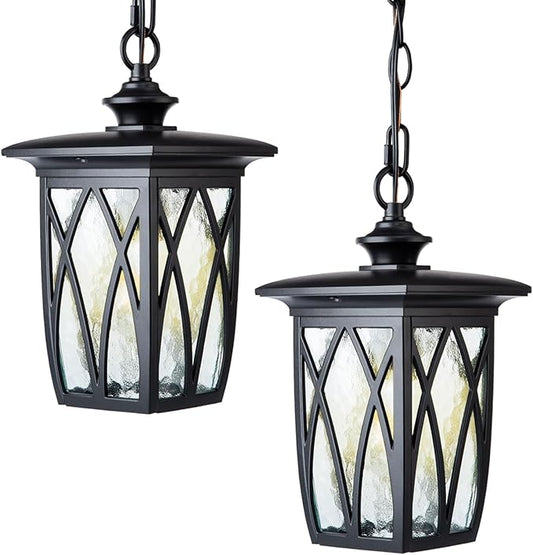 JYZ 2 Pack Outdoor Pendant Light Fixture, 12'' Exterior Hanging Lantern, Modern Black Metal Outside Chandelier Light Fixture Ceiling Mount with Water Ripple Glass & Adjustable Chain for Porch, Gazebo