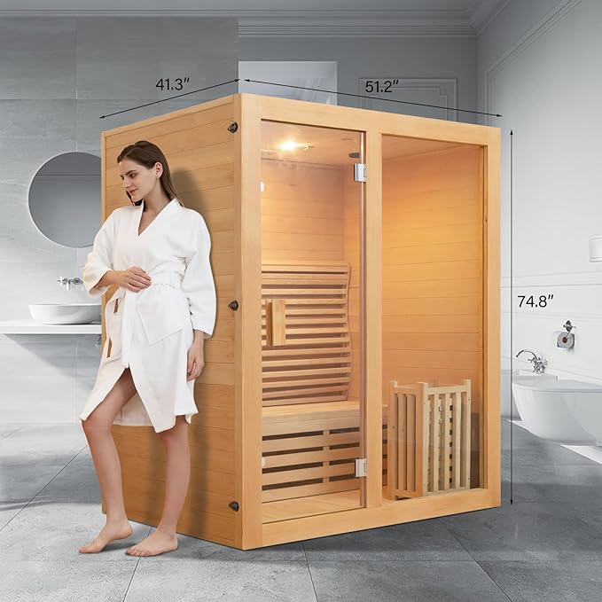 ZONEMEL Wooden Steam Sauna Room, 2 Person Canadian Hemlock Luxurious Indoor Sauna with 3.5 KW Harvia Stove Heater, Bluetooth Speaker, Sauna Stone, Wooden Bucket, Scoop, Reading Light, Hourglass,220V