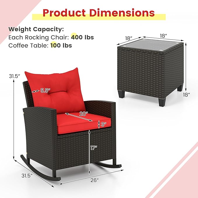 ORALNER 3 Pieces Wicker Rocker Set Patio Furniture Set, Outdoor Rocking Chairs with Soft Cushions, Glass Coffee Table, Rattan Conversation Bistro Set for Front Porch Balcony Garden Deck Poolside (Red)