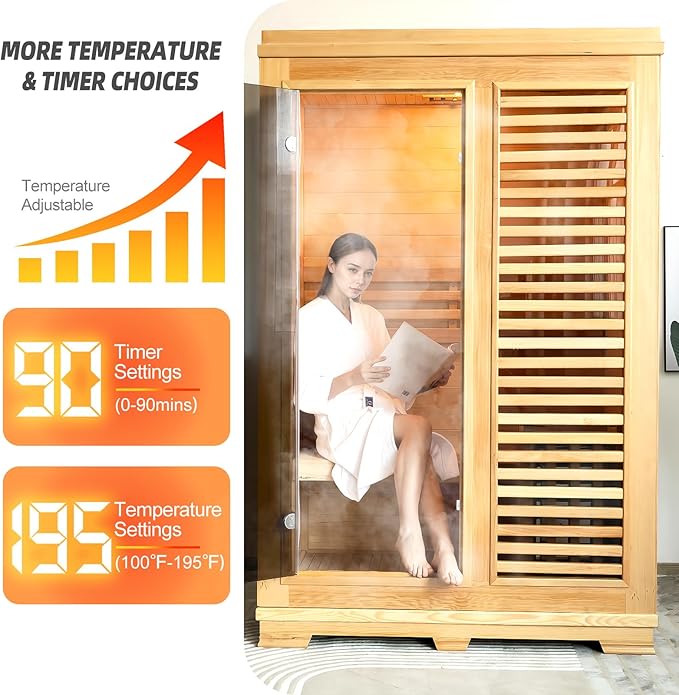 Indoor Traditional Steam Sauna 2 Person, Canadian Hemlock Saunas, 4.5KW Harvia Heater, 220V,Fence Design, Better Sealing, Left Door(0-195℉) (with Door Fence)