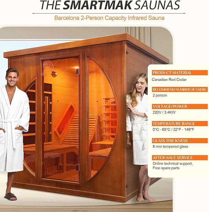 Smartmak Full Spectrum Infrared 2 Person Sauna Room, Red Light Therapy Luxury Wood Home Sauna with Recliner, Canadian Red Cedar Indoor Dry Saunas Spa, 3400W with 10 Heaters, Speaker, Light, Oxygen Bar