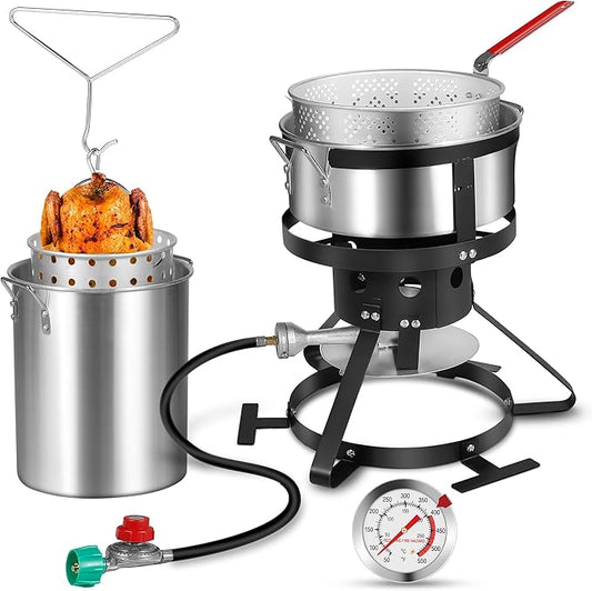Turkey Fryer with Boiler Steamer Set Basket & 55000BTU Propane Burner, Outdoor Deep Fryer & Seafood Crawfish Boil Pot with Thermometer, Marinade Injector, Turkey Rack & Rack Lifter-OT-3020