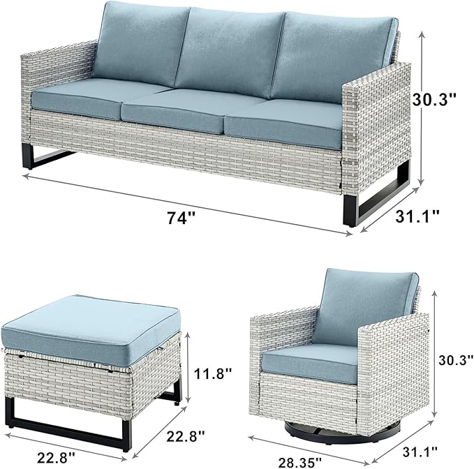 Wicker Outdoor Patio Furniture Set - 6 Piece Patio Conversation Set with 2 Swivel Rocker Chairs,2 Rattan Ottoman,1 Couch and 1 Metal Side Table for Outside Porch Deck Backyard(Light Grey/Sky Blue)
