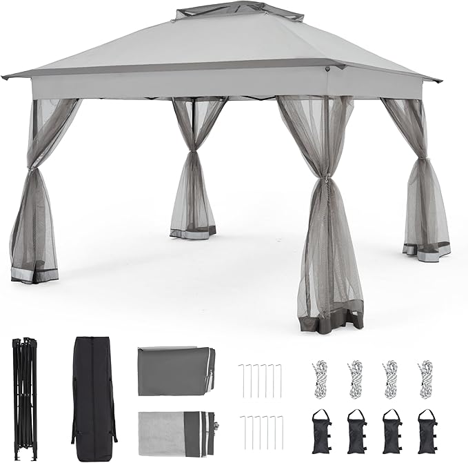 Bezseller 11x11 Pop Up Gazebo Tent with Mosquito Netting – Quick Set Up, Water-Resistant Outdoor Canopy for Patio, Garden, Backyard, and More,Light Grey