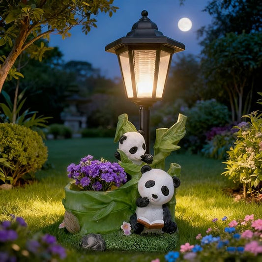 Panda Outdoor Statue with Solar Lantern Flowerpot for Garden Decor Panda Sculpture Figurine Bamboo for Patio Balcony Yard Lawn Decorations Gifts for Women Mom