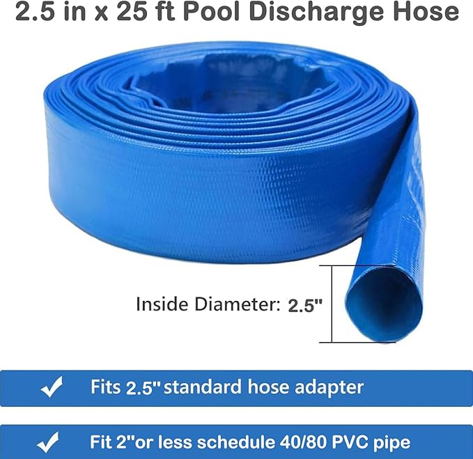 Eastrans 2.5" x 25 FT Blue PVC Lay-Flat Backwash Hose for Swimming Pools, Heavy Duty Discharge Hose Reinforced Pool Drain Hose, Weather Resistant Ideal for Water Transferring