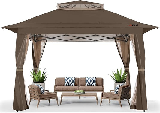 ABCCANOPY 13x13 Pop Up Gazebo, Outdoor Canopy Tent, Instant Screened Shelter with Mosquito Netting for Patio, Garden, Backyard, Party, Camping (Brown)
