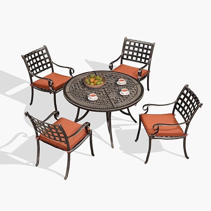 PURPLE LEAF Patio Dining Set Cast Aluminum 5-Piece Patio Furniture Set with 4 Dining Armchairs and 47" Round Table, 4 Cushions Included, for Lawn Yard Garden, Lattice Brick Red Outdoor Dining Set