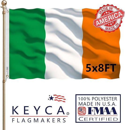 Ireland Flag 5x8 FT 100% Made in The USA-Heavy Duty Vibrant Colours Double Sided Irish National Flag with 3 Brass Grommets for Home/Company/Indoor Outdoor Decoration