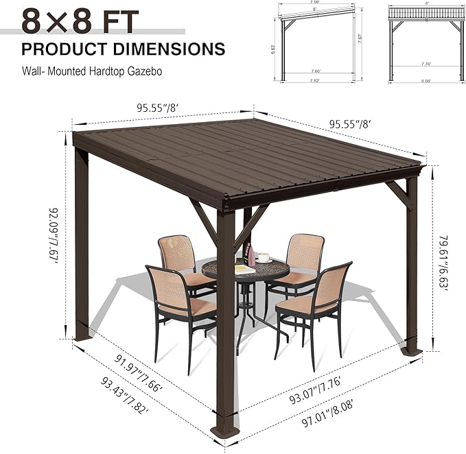 Domi 8'x8' Lean to Gazebo Hardtop, Expandable Wall Mounted Pergola with Gutters & Galvanized Steel Roof, 60MPH Wind Resistance, Outdoor Metal Heavy Duty Metal Awning for Patio, Deck, Backyard - Brown