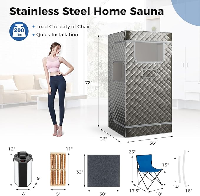 Giantex Portable Sauna Box, Full Body Steam Sauna for Home with 3L Generator, Remote Control, Folding Chair & Wooden Foot Roller, Lightweight Single Person Sauna Tent, 36" x 36" x 72", Gray