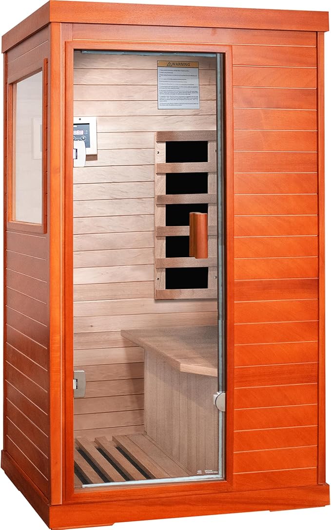 Sauna, 1 Person Infrared Sauna Home Spa Wood 800W Low-EMF Indoor Dry Saunas 5 Ultra-Low Energy Saving Heating Panels, Built-in Control Panel, Speakers, Reading Lights and Circulation Vents
