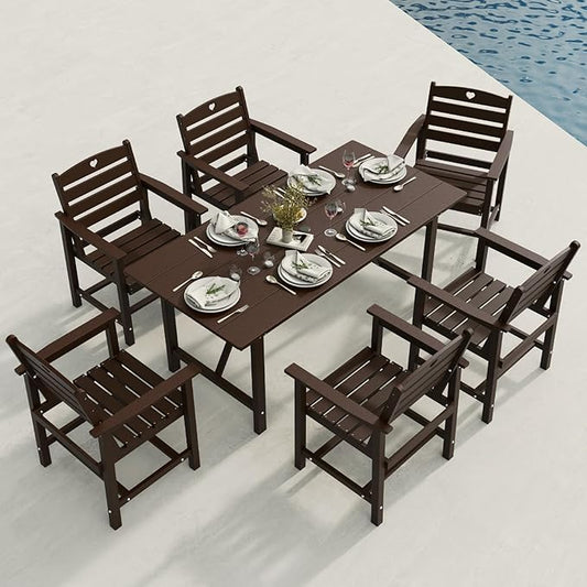 Patio Table and Chairs Set with Umbrella Hole, HDPE Patio Dining Set for 6, Outdoor Dining Set for Lawn, Patio, Porch, Deck, Poolside, Yard (Mahogany, 7-Piece)