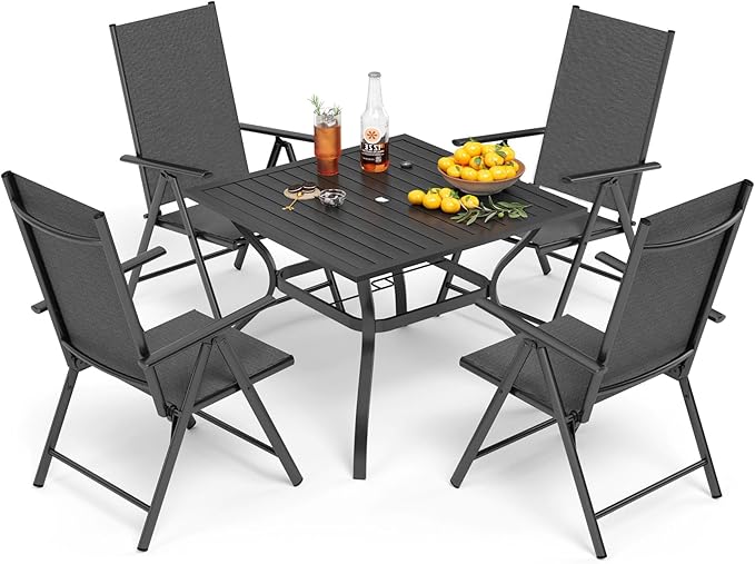 PHI VILLA 5 Pcs Patio Dining Set with Patio Table and Chairs, Outdoor Dining Set for 4 with Adjustable Patio Folding Chairs & Square Patio Dining Table with 1.57" Umbrella Hole, Black
