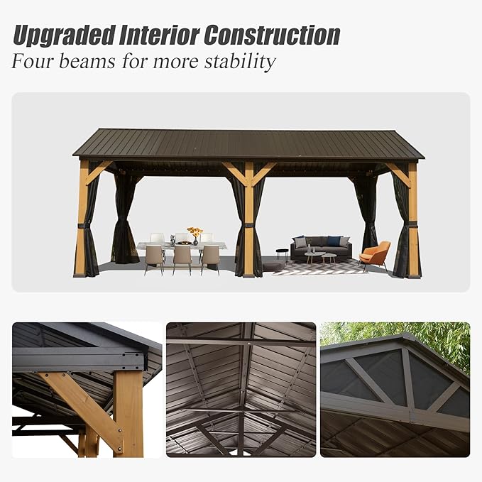 Domi Cedar Wood Gazebo 12’x20’ Hardtop Gazebo with Galvanized Steel Gable Roof, Outdoor Gazebos for Patio, Permanent Pergola for Deck, Backyard