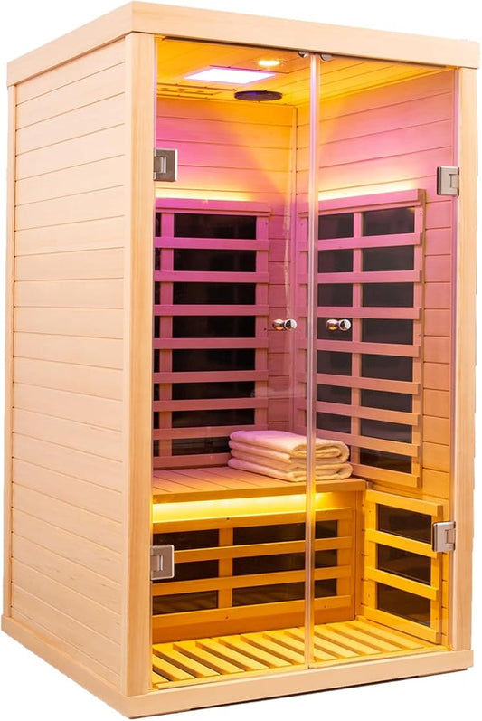 Indoor Infrared Sauna, 1 Person Hemlock Wood Low EMF Far Infrared Saunas, Personal Sauna Room Box with APP Control, Glass Door, Blue-Tooth, LCD, LED Reading Light, 7-Color Light Therapy