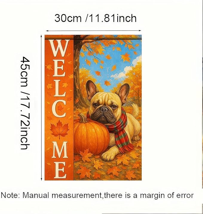 Thanksgiving Fall Garden Flag 12x18 Inch Welcome French Bulldog Dog Outdoor Flag Double Sided Autumn Yard Banner with Pumpkin Plaid Scarf Decor for Porch Lawn Patio
