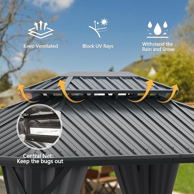 Domi 12’ x 18’ Hardtop Gazebo Metal Frame Canopy with Netting & Curtains, Outdoor Permanent Metal Pavilion with Galvanized Steel Double Roof for Patio Lawn and Garden, Gray