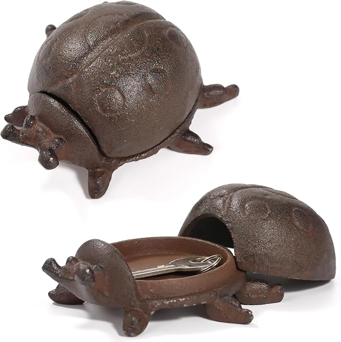 Hide a Key Ladybug Statue, Cast Iron Key Hiders Outside, Decorative Outdoor Spare Keys Holder, Animal Shaped Hidden Keys Holders for Indoor Garden Yard Patio Decor, Brown