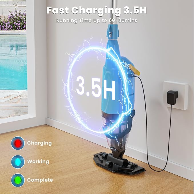 Cordless Pool Vacuum, Rechargeable Handheld Pool Vacuum Cleaner for Above Ground Pools, Fast Charging, Long Runtime, Ideal for Sand and Debris