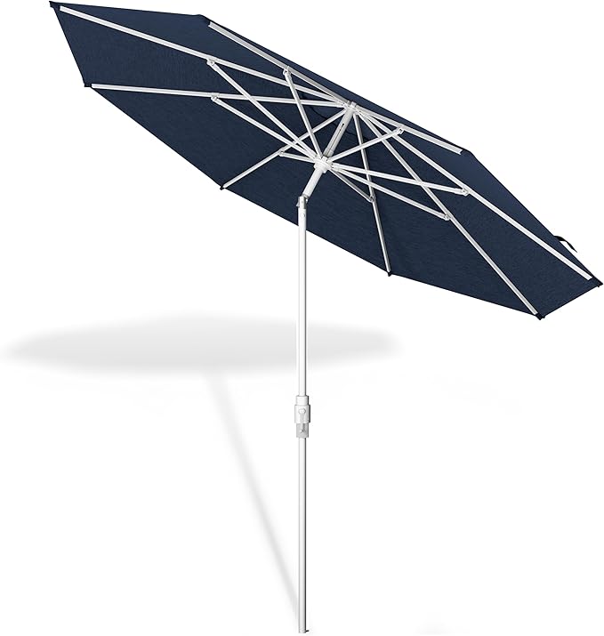 Midtown Umbrellas The Swilt 8 Feet Patio Umbrella in Sunbrella Spectrum Indigo Acrylic Fabric - Fiberglass Ribs, Auto-Tilt Aluminum Frame For Backyard, Deck, Garden, Pool - White Pole