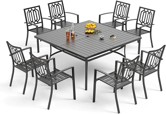 PHI VILLA 9-Piece Outdoor Dining Set, Square Metal Table (60") with Umbrella Hole and 8 Stackable Dining Chairs – Perfect for Patio, Garden, Deck, Porch, and Yard, 9PCS Outdoor Dining Set Style 2