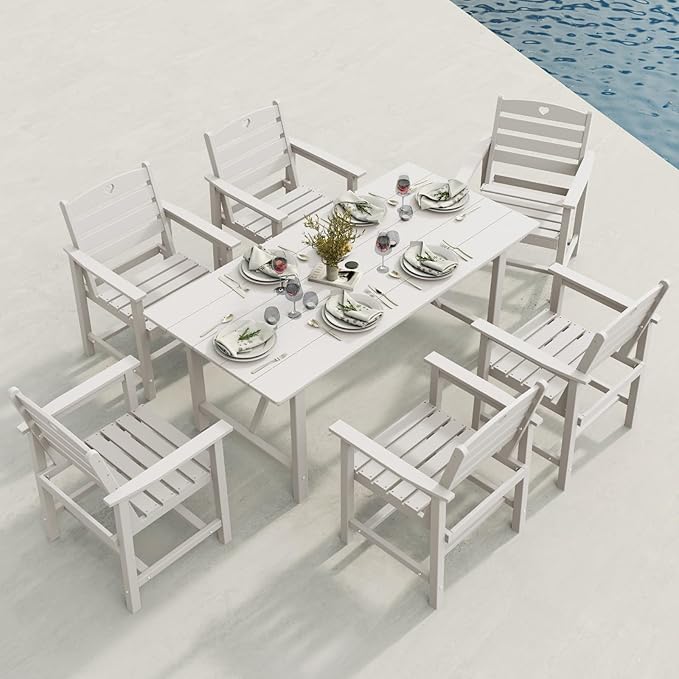 Patio Table and Chairs Set with Umbrella Hole, HDPE Patio Dining Set for 6, Outdoor Dining Set for Lawn, Patio, Porch, Deck, Poolside, Yard (White, 7-Piece)