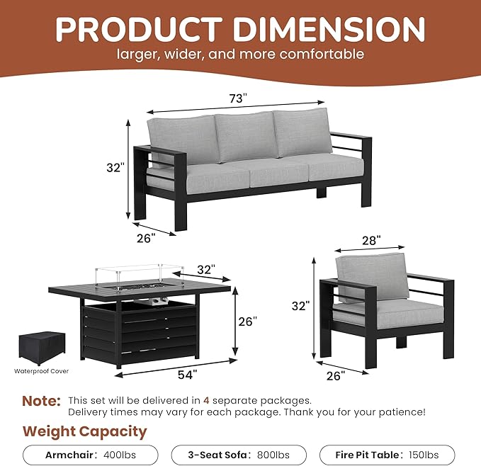 Solaste Aluminum Patio Furniture Set with Fire Pit Table, 4 Piece Metal Outdoor Furniture with Water-Resistant Cushions, Modern Patio Conversation Set for Backyard,Black Frame and Grey Cushion