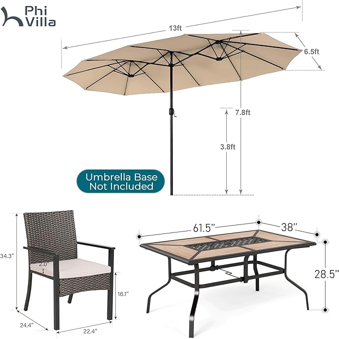 PHI VILLA 7 Pieces Outdoor Dining Set with Umbrella for 6, Rectangular Wood-Top Metal Table & Wicker Chairs with Cushions & 13ft Beige Umbrella, Modern Dining Furniture Set for Patio,Deck,Backyard