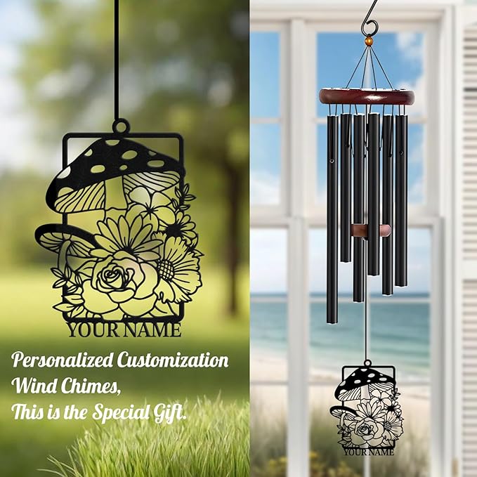 Personalized Customize Name Fantasy Mushroom Wonderland Wind Chime, Metal Iron 37 Inch Outdoor Memorial Gift for Garden Yard Patio Home Decor, Black (Style H)