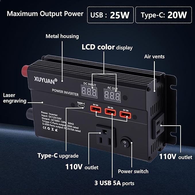 600W Car Power Inverter, 12V/24V Car Plug Adapter Outlet Converter with 1 Type C Port, 3 USB Ports, Dual AC Outlets for Cars Trucks US Plug (Black)