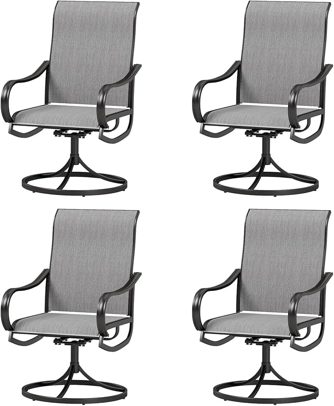 MFSTUDIO Outdoor Swivel Patio Dining Chairs Set of 4, High Back Breathable Textilene Patio Chairs for Balcony, Backyard, Deck, Garden (Light Grey Fabric, Black Frame)
