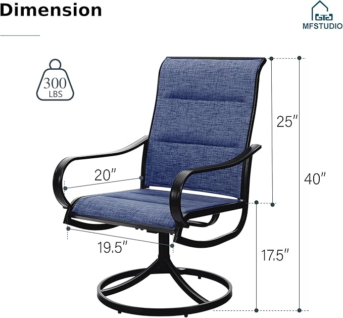 MFSTUDIO Outdoor Swivel Patio Dining Chairs Set of 6, High Back Padded Textilene Patio Chairs for Balcony, Backyad, Deck, Garden (Padded Navy Fabric,Black Frame)