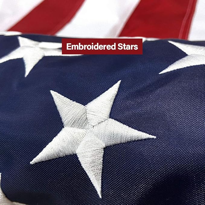 American Flag 10x15 FT Embroidered Stars, Sewn Stripes, Brass Grommets Polyester USA US Flag Long Lasting for Outdoor Use