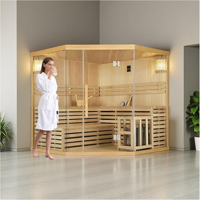 Customize Indoor Steam Sauna, 4-8 Person, Pentagon Design with Electric Sauna Heater, Canadian Hemlock/Red Cedar, WiFi Control Option, Double Level Bench, 8 mm Tempered Glass, 7-Color Lights, 220V