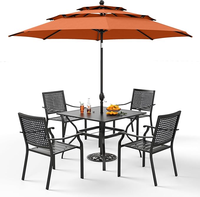 PHI VILLA 5 Pieces Patio Dining Set for 4 with 10ft Patio Umbrella, Metal Outdoor Stackable Wrought Iron Chair Set of 4 & 37" Metal Dining Table,3 Tier Vented Market Table Orange Red Umbrella