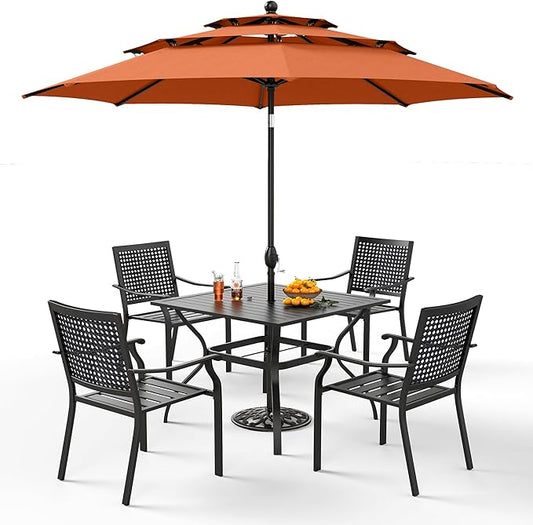 PHI VILLA 5 Pieces Patio Dining Set for 4 with 10ft Patio Umbrella, Metal Outdoor Stackable Wrought Iron Chair Set of 4 & 37" Metal Dining Table,3 Tier Vented Market Table Orange Red Umbrella