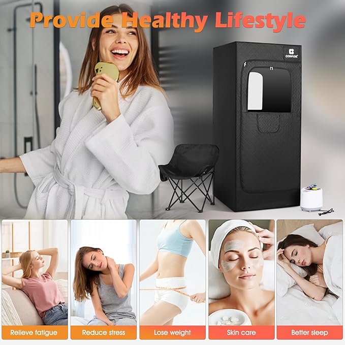 COSVALVE Portable Steam Sauna Box with Red Light for Home with 1600W 4L Steamer, Comfort Folding Chair, Indoor at Home Sauna Tent, Personal Steam Room for Relaxation, 2.9' x 2.9' x 5.9', Black