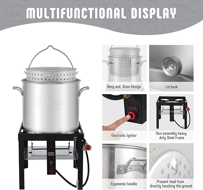 100 QT Seafood Boil Pot Stock Pot and 10,0000 BTU Propane Stove,Aluminum Seafood Boiling Kit with Strainer Basket,Heavy Duty Propane Burner For Outdoor Cooking Seafood Shrimp Crawfish Boiling