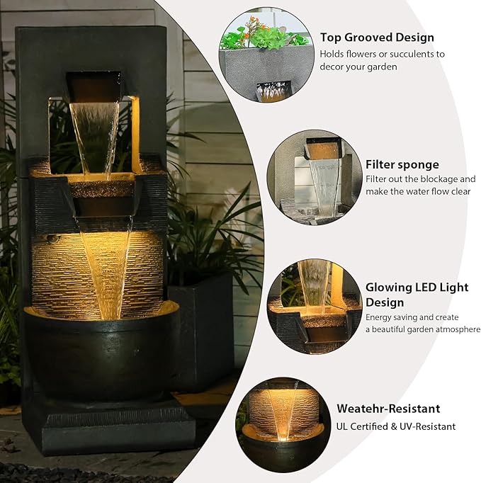 39" H Modern Outdoor Water Fountain with LED Lights and Pump, 3-Tier Standing Cascading Waterfall - Modern Design for Garden/Patio/Yard, Multi-Level Outdoor Decor 15“x14”x39“(Brown)