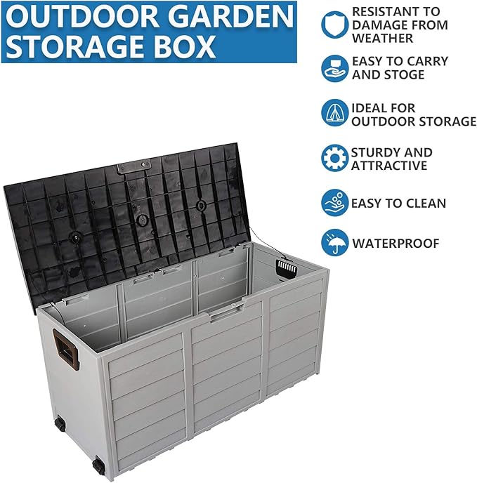 75 Gallon Resin Deck Box, Waterproof Outdoor Storage Box with Wheels, Lockable Lid and Handles, Large Deck Storage for Outdoor Gear, Patio Furniture Cushion, Gardening Tools, Black