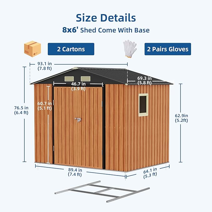 6x8FT Outdoor Storage Shed, Metal Garden Shed with Floor Base, Updated Frame Structure & Lockable Doors, Large Tool Shed for Backyard, Patio,Lawn,Utility & Bike Storage