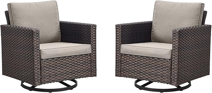 Rilyson Outdoor Patio Swivel Rocker Chairs - Wicker Patio Swivel Rocking Chairs Set of 2 with Waterproof Wicker,Comfortable Cushions and Sturdy Metal Frame for Outside Porch Deck Backyard(Brown/Grey)