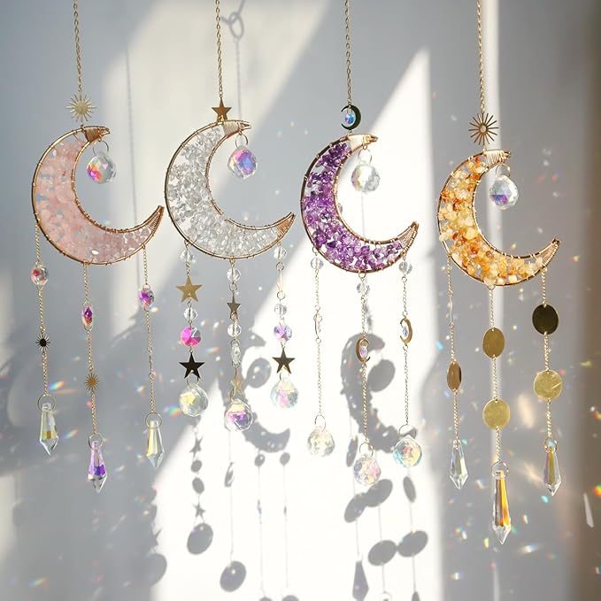 Moon Suncatcher Hanging Decor, Boho Chic Rose Quartz Crystal Sun Catcher, Spritual Sun Light Catcher for Windows, Crescent Moon Housewarming Gift (Rose Quartz)