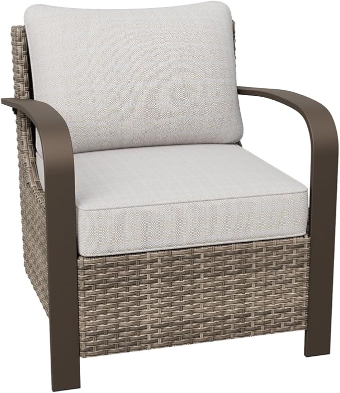 COOS BAY Aurora Terrace Outdoor Chairs with Cushions, Wicker Dining Set with Deep 4-Inch Seating, Modern Curved Armrest Porch Chairs, Set of 1, Beige/Beige